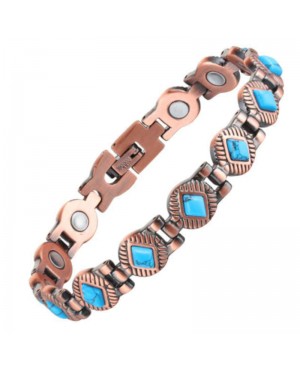 Bracelet cuivre massif magnétique pour soulager les douleurs articulaires avec turquoises et aimants néodyme - Cléopatre